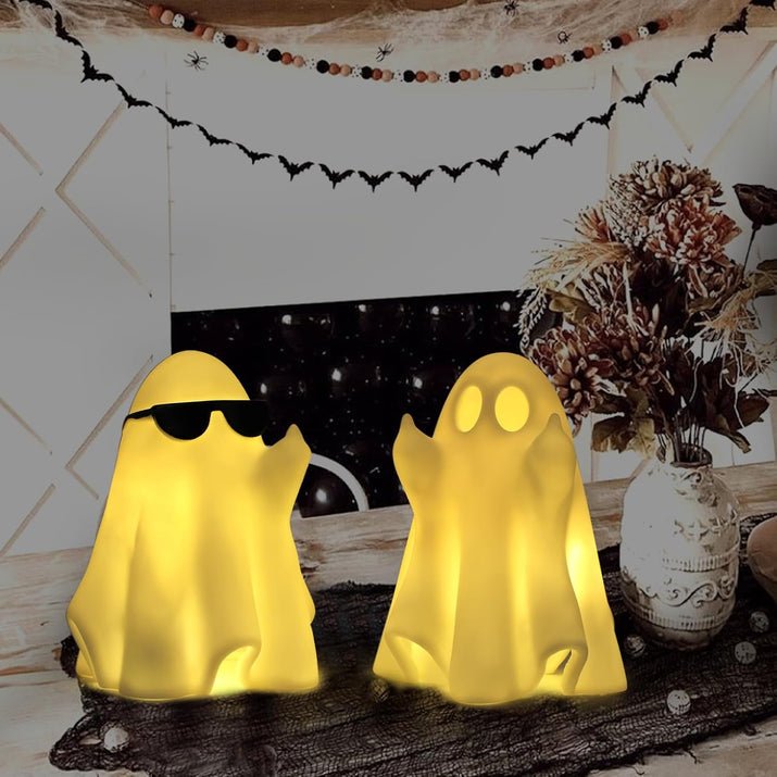 Halloween Decorations Indoor, Set 2 Light-Up Cute Middle Finger Ghost Figurines