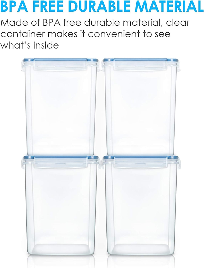 Large Food Storage Containers 5.2L / 175Oz, 4 Pieces BPA Free Plastic Airtight Canisters for Flour, Sugar, Baking Supplies, Rice with Lids, 4 Measuring Cups and 24 Labels, Blue