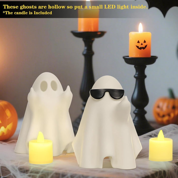 Halloween Decorations Indoor, Set 2 Light-Up Cute Middle Finger Ghost Figurines