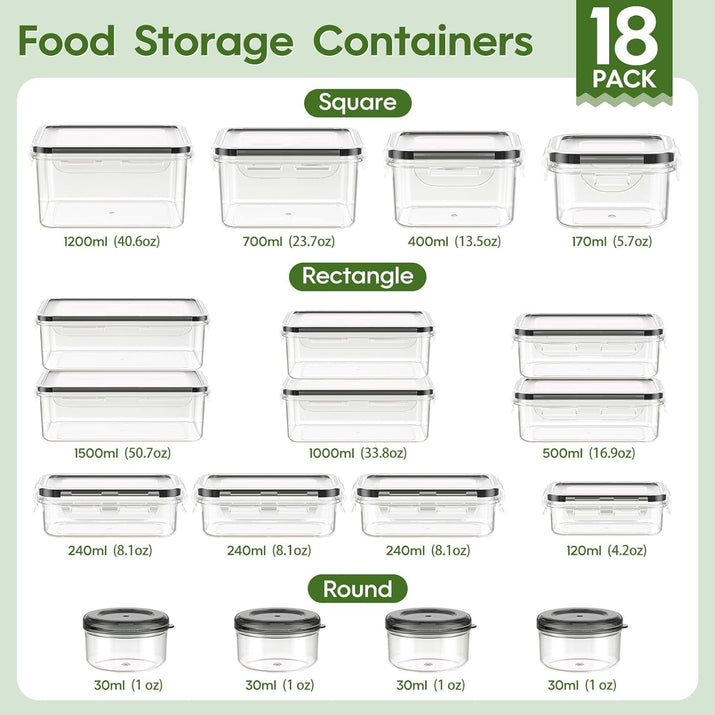 36-Piece Food Storage Containers with Lids(18 Container & 18 Lid), Plastic Food Containers for Pantry & Kitchen Storage and Organization, Bpa-Free, Leak Proof, Reusable with Labels & Pen