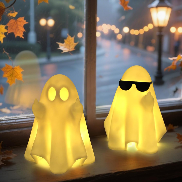 Halloween Decorations Indoor, Set 2 Light-Up Cute Middle Finger Ghost Figurines