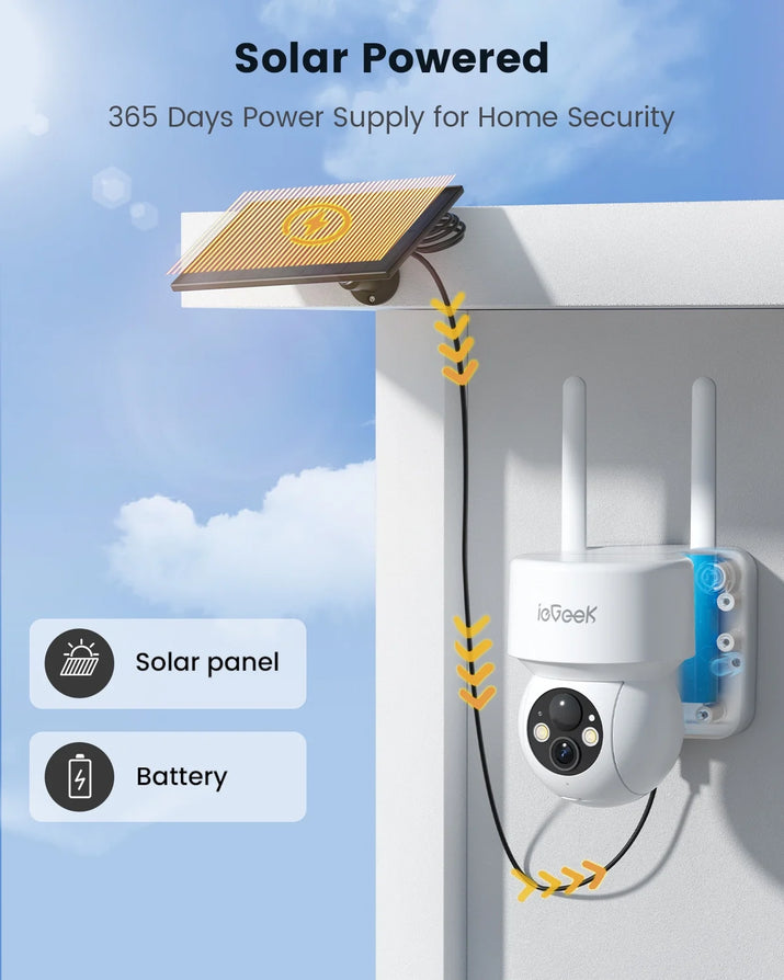 Security Cameras Wireless Outdoor, 2K Wifi Solar Camera for Home Surveillance, 360 View PTZ, Battery Powered, Color Night Vision, Motion Sensor
