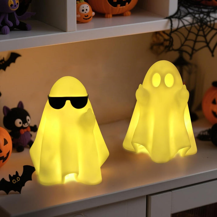 Halloween Decorations Indoor, Set 2 Light-Up Cute Middle Finger Ghost Figurines