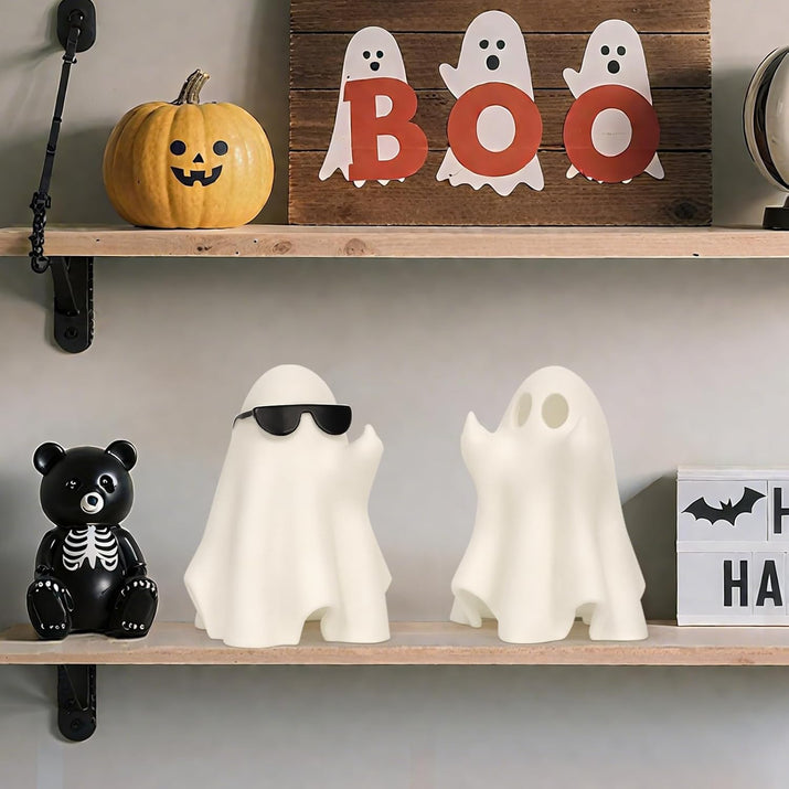 Halloween Decorations Indoor, Set 2 Light-Up Cute Middle Finger Ghost Figurines