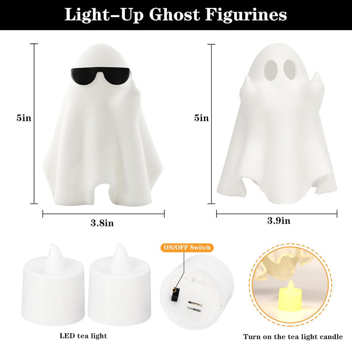 Halloween Decorations Indoor, Set 2 Light-Up Cute Middle Finger Ghost Figurines
